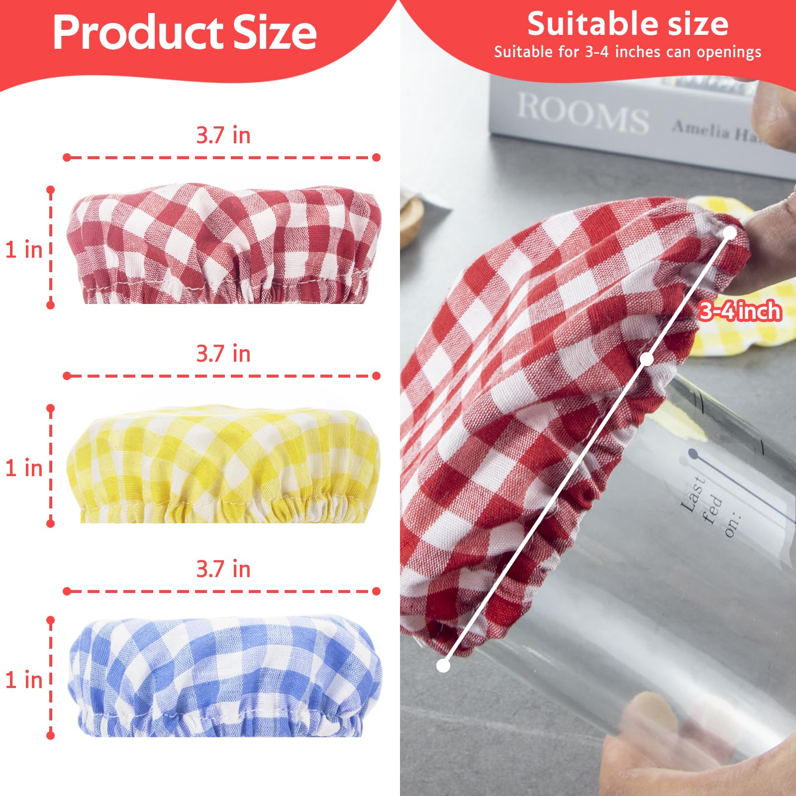 Sourdough Jar Cover, Reusable Sourdough Cloth Cover, 3pc Handmade Cotton Cloth Covers for Sourdough Starter Jar Sourdough Bread Baking Supplies Fit Jars Mouth from 3-4 Inch (Red Plaid)