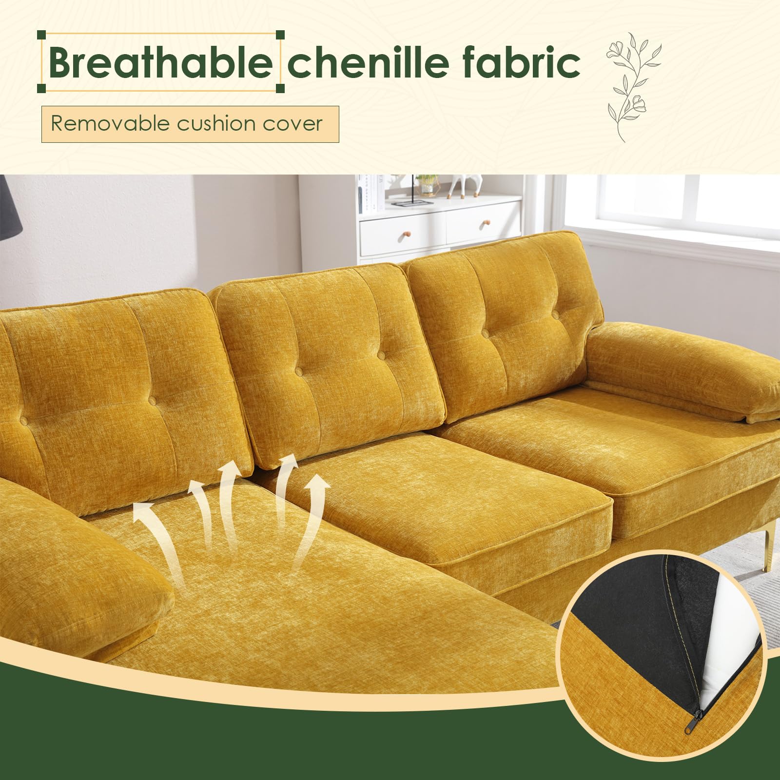 Apicizon Yellow Couch L-Shaped Sofa Couch Convertible Sectional Sofa Couch with Tufted Cushion, 3 Seater Sofa Small Couch for Living Room Apartments, Chenille