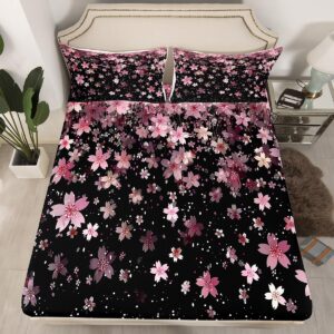 Feelyou Cherry Blossoms Sheet Set Queen Size Kids Sakura Flower Sheets with Deep Pocket Fitted Sheet for Boys Girls Teens Romantic Floral Botanical Bed Sheets Set Pink Black Bedding Set