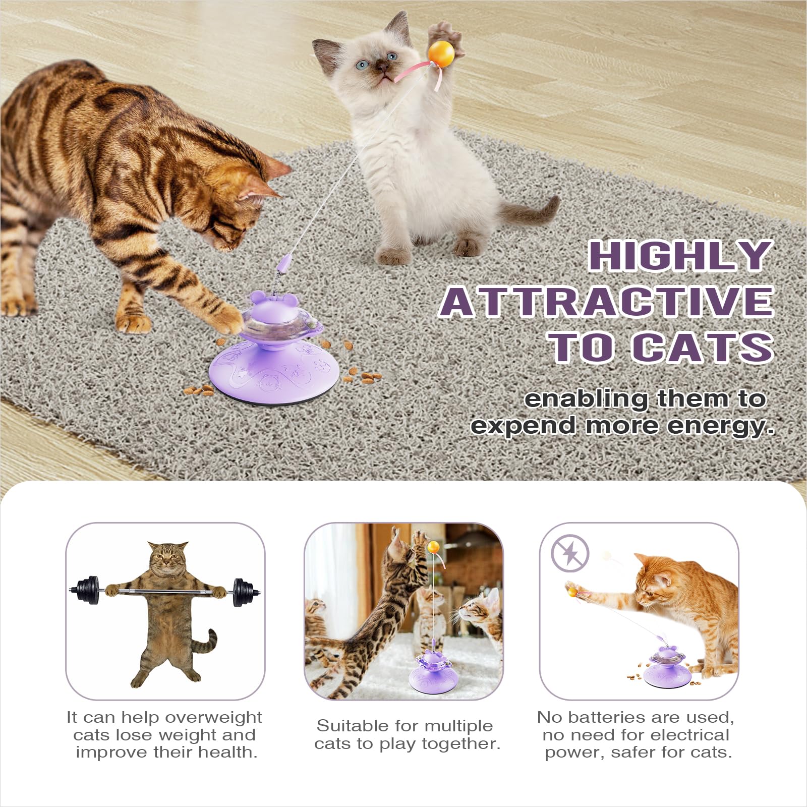 Interactive Cat Toy for Indoor Cats, Cat Treat Puzzle Feeder Toy-Cat Treat Dispenser - Cat Toys with Teaser Wand and Rotatable Design, Durable, Non-Toxic and Safe, Cat Toys for Bored Indoor (Purple)