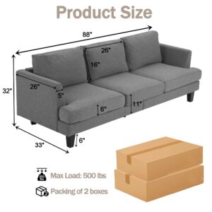 CATMIX 3 Seater Sofa Couch, Mid Century Modern Upholstered Sofa, Comfy Couches with Deep Seats Fabric Surface Square Armrest and Wood Legs for Living Room and Apartment (Grey, 89inch-3 Seats)