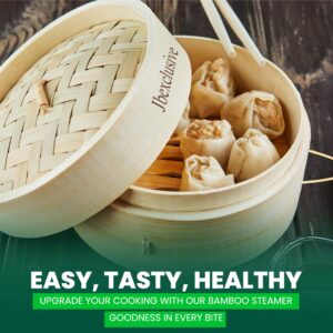 Bamboo Steamer Basket 2 Tier Wooden Basket With Handle Complete Kit for Dumpling Steamer Basket, Reusable Silicone Liner, Veggie Bamboo Basket 10 Inch Steamer for Cooking Bao Buns, Dim Sum - Steaming Basket