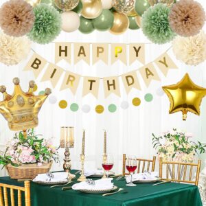 Sage Green Gold Birthday Party Decorations with Happy Birthday Banner,Fringe Curtain ,Paper PomPom,Crown Foil Balloon,Circle Dots Garland,Tassel Garland,Sand White Birthday Balloons for Women Girls