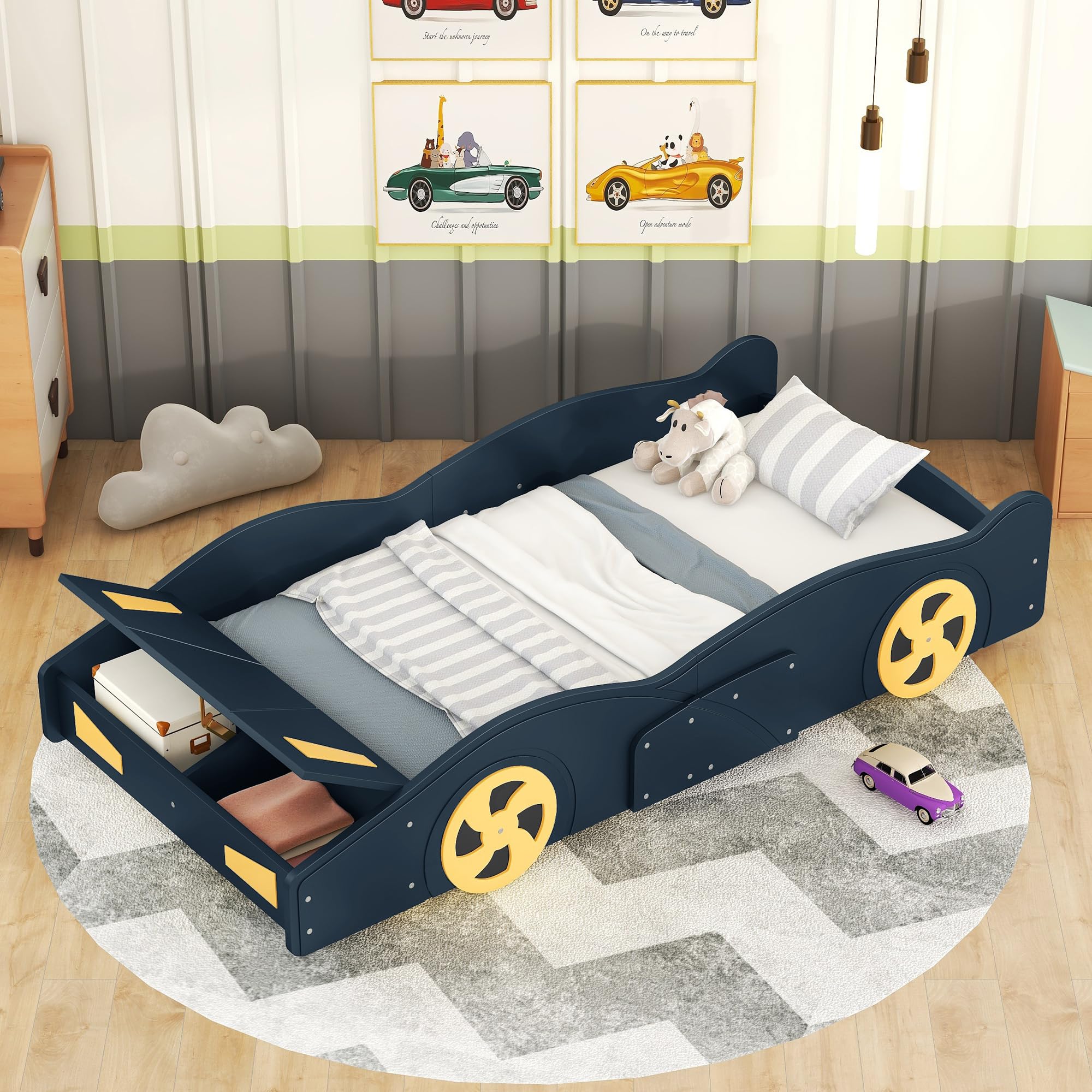 Brisca Twin Size Race Car-Shaped Platform Bed with Wheels,Solid Wood Bed Frame W/Storage,No Box Spring Required,for Bedroom,Apartment,Guest Room,Dark Blue+Yellow