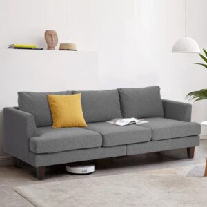 catmix 3 seater sofa couch, mid century modern upholstered sofa, comfy couches with deep seats fabric surface square armrest and wood legs for living room and apartment (grey, 89inch-3 seats)