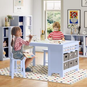 Kids Art Table and Chair Set, Kids Craft Table with 2 Chairs, 6 Removable Storage Bins, Paper Roller, Wooden Children Activity Desk Set for Drawing, Learning, Reading, Blue