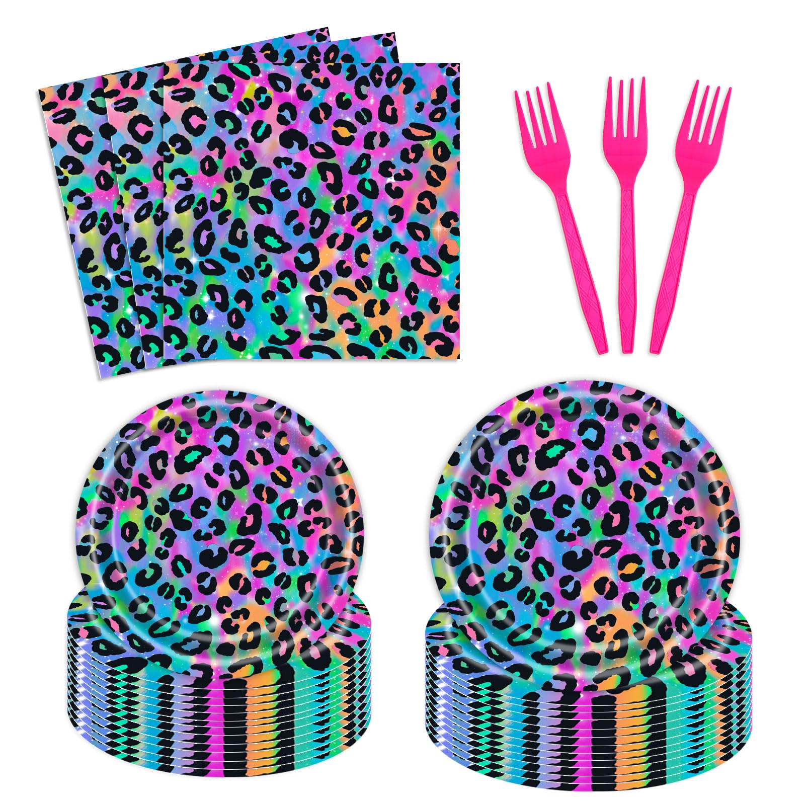 96 Pcs Neon Rainbow Leopard Birthday Tableware Set Girl's Sparkly Paint Splatter Cheetah Party Supplies for 24 Guests Rainbow Leopard Print Pattern Birthday Dinnerware