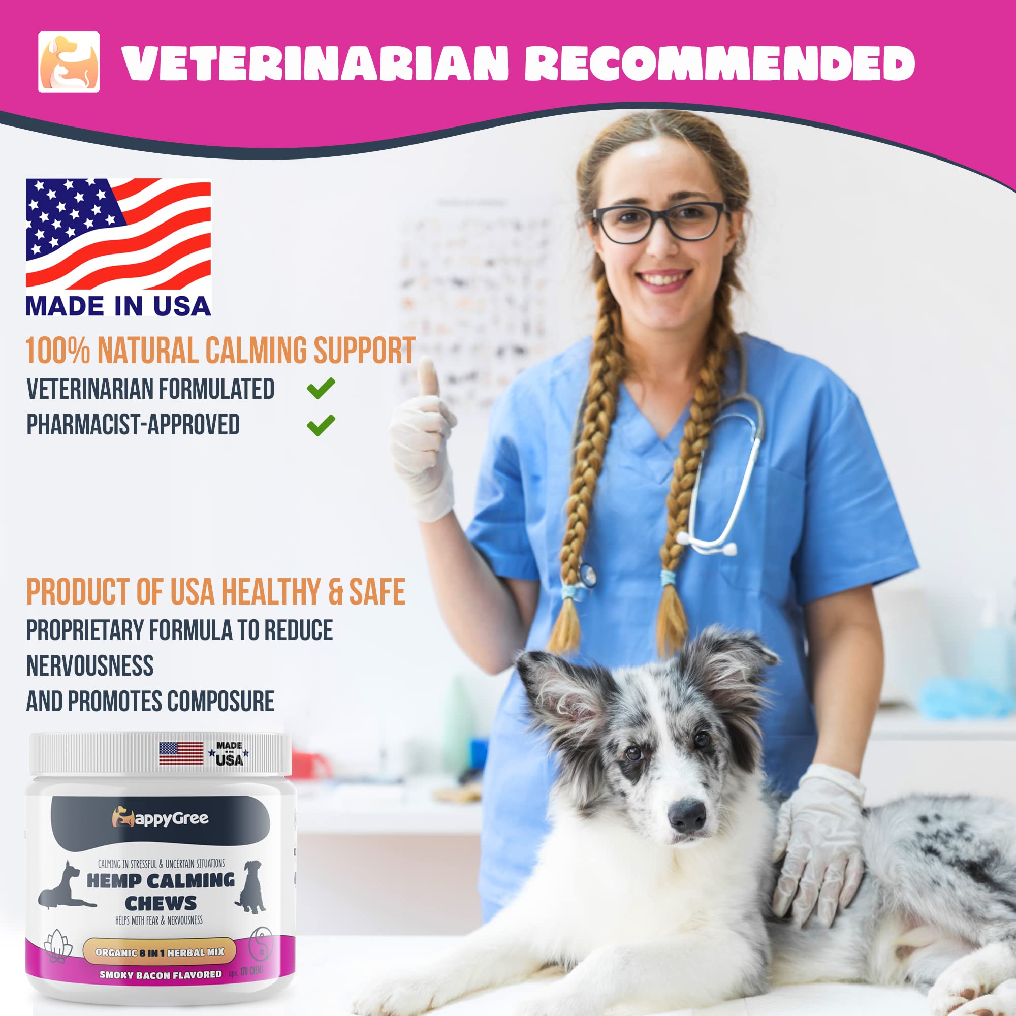 Best Natural Health Supplements for Dogs, Various Formulas & Benefits - Vet Recommended, 170 Natural Soft Chews - Smoky Bacon Flavor, Made in The USA (Hemp Calming)