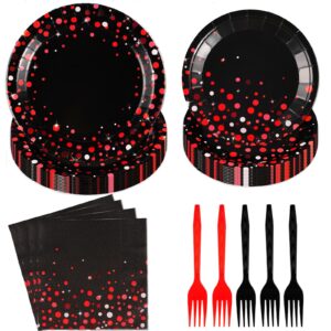 96pcs black and red party supplies red dot on black party plates and napkins disposable 350gsm black and red birthday tableware set for birthday baby shower wedding decorations, serves 24