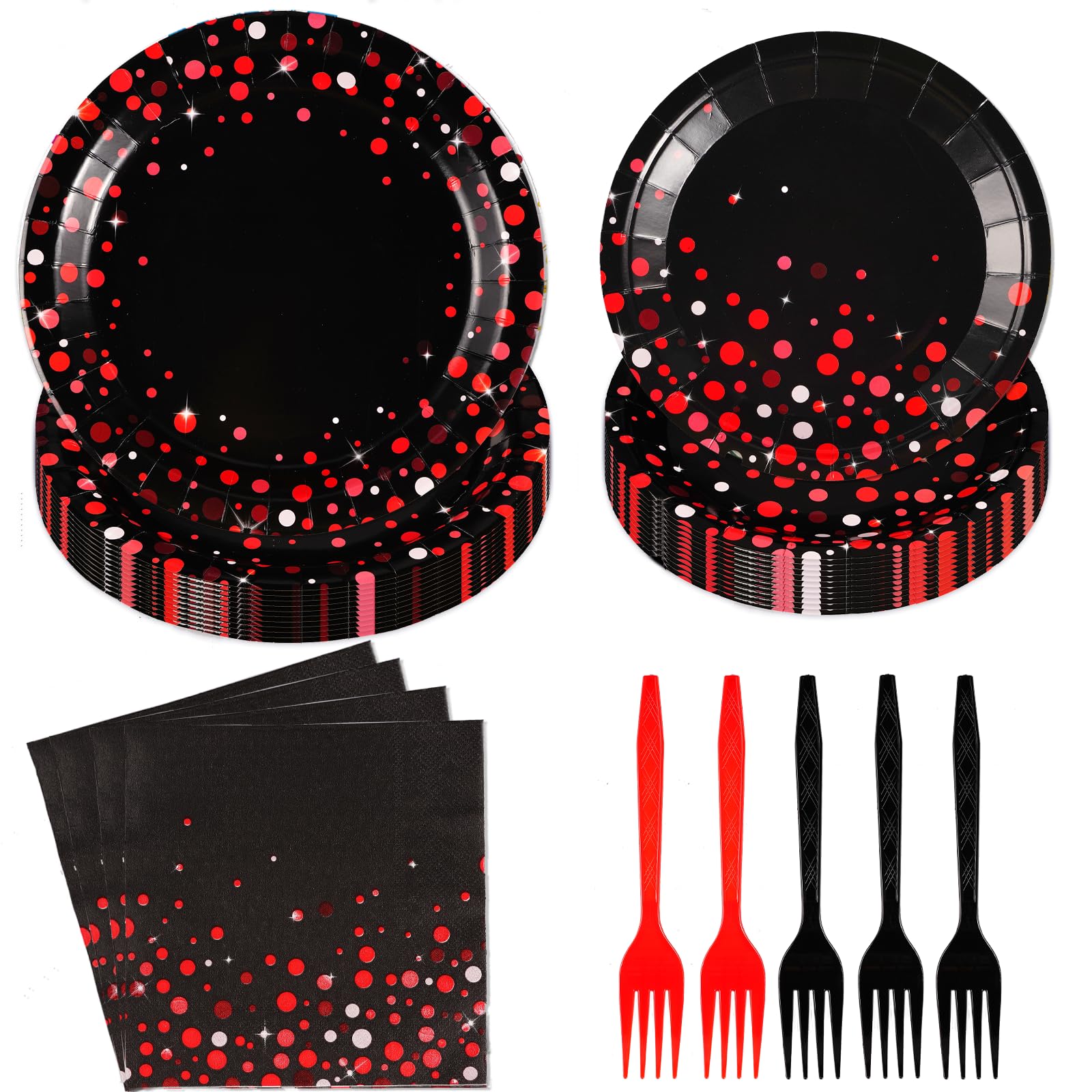 96Pcs Black and Red Party Supplies Red Dot on Black Party Plates and Napkins Disposable 350GSM Black and Red Birthday Tableware Set for Birthday Baby Shower Wedding Decorations, Serves 24