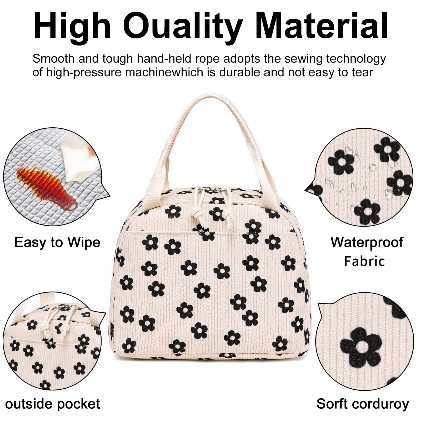 LEDAOU Lunch Box for Women Insulated Lunch Bag Corduroy Lunch Tote Bags Leakproof Cooler Lunch Case for Travel Work Picnic