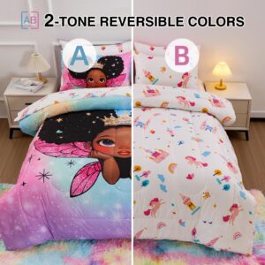 A Nice Night Black Girl Princess with Wings Comforter Set,Pink Gradient Glitter Rainbow Galaxy 6pcs Kids Bedding Set,Twin