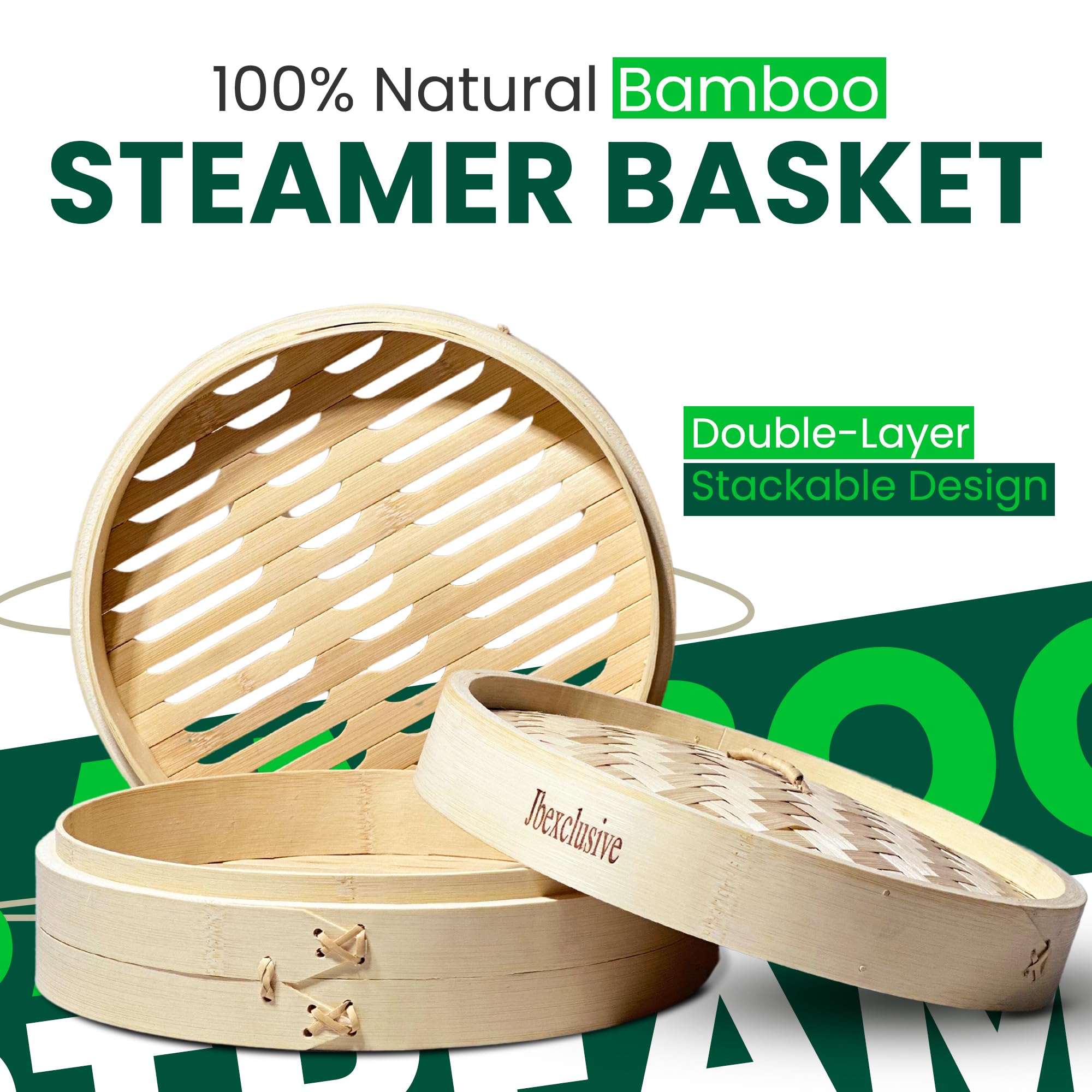 Bamboo Steamer Basket 2 Tier Wooden Basket With Handle Complete Kit for Dumpling Steamer Basket, Reusable Silicone Liner, Veggie Bamboo Basket 10 Inch Steamer for Cooking Bao Buns, Dim Sum - Steaming Basket