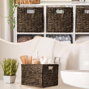 Layhit 4 Pcs Wicker Storage Basket Water Hyacinth Handwoven Baskets with Handles Foldable Woven Organizer Multipurpose Wicker Storage Bins for Bedroom Living Room(16 x 11 x 11'',Dark Brown)