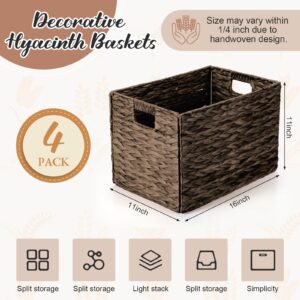 Layhit 4 Pcs Wicker Storage Basket Water Hyacinth Handwoven Baskets with Handles Foldable Woven Organizer Multipurpose Wicker Storage Bins for Bedroom Living Room(16 x 11 x 11'',Dark Brown)