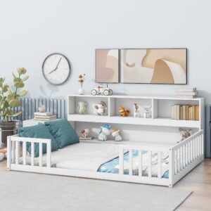 Floor Bed with Rails Full Size, Wood Montessori Floor Bed with Storage Bookcase, Kids Bed Frame with Fence and Shelves for Boys Girls, White