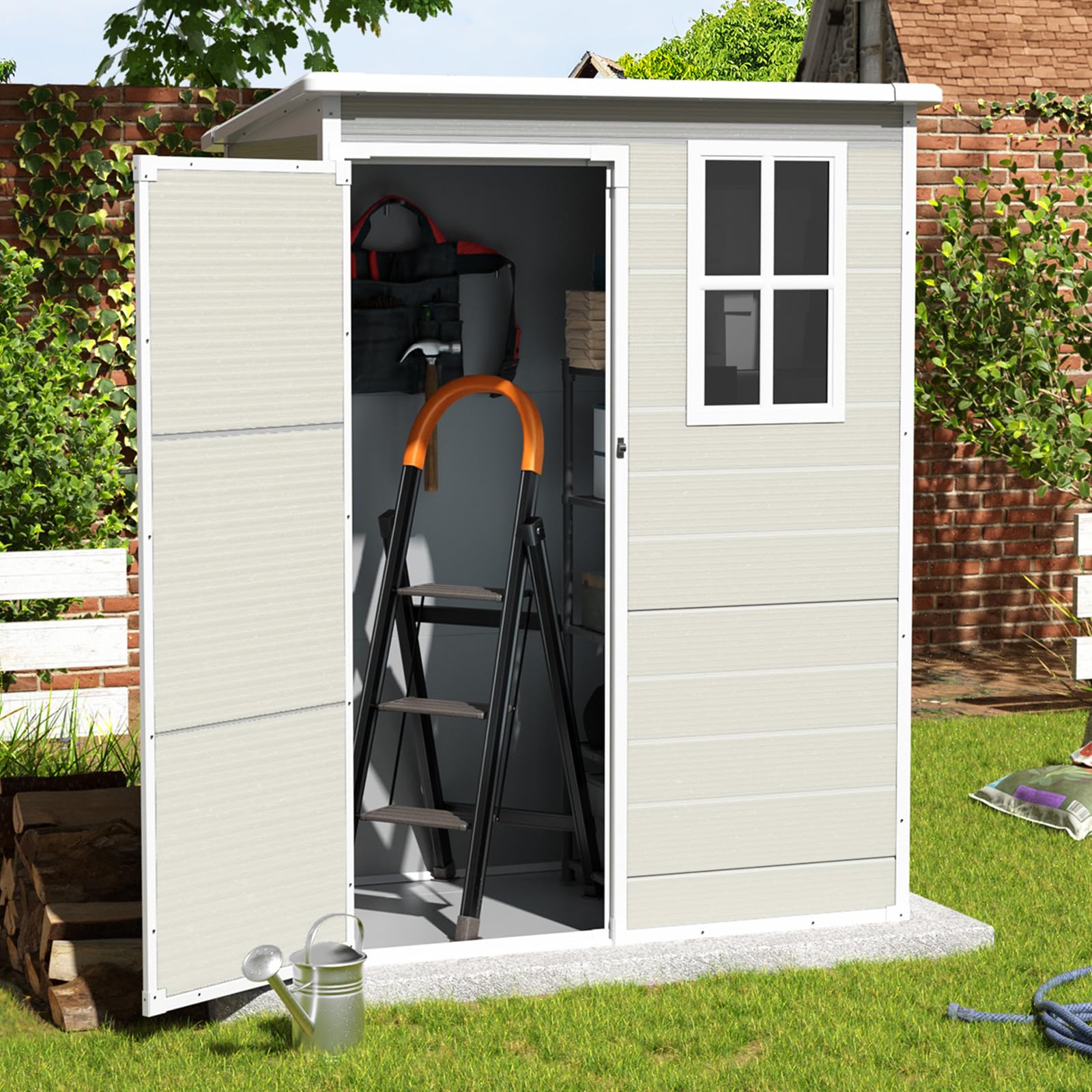 VONZOY Outdoor Storage Shed, 5x3FT Resin Shed with Floor, Lockable Door & Window, Waterproof Tool Sheds & Outdoor Storage for Bike, Garbage Cans,Garden Accessories, Sandstone