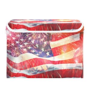 DIGTIA Veterans Day Storage Bins with Lids USA Flag Firework Foldable Storage Boxes with Handles 4th Of July Large Storage Basket Collapsible Organizer Containers for Closet Home Bedroom Office