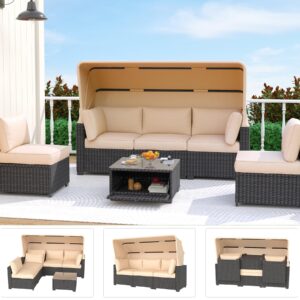 IDEALHOUSE Outdoor Daybed with Canopy,6 Pieces Patio Furniture Sets Adjustable Backrest PE Gradient Wicker Sectional Furniture Set with Tempered Glass Side Table