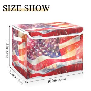 DIGTIA Veterans Day Storage Bins with Lids USA Flag Firework Foldable Storage Boxes with Handles 4th Of July Large Storage Basket Collapsible Organizer Containers for Closet Home Bedroom Office