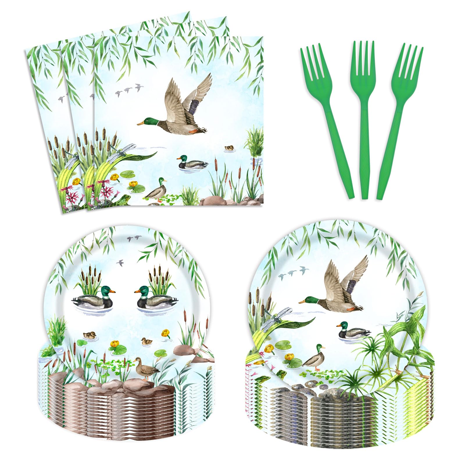 96 Pcs Mallard Duck Party Plates and Napkins Party Supplies One Lucky Duck Tableware Set Duck Hunting Birthday Party Decorations Favors for Duck Hunter Baby Shower Serves 24