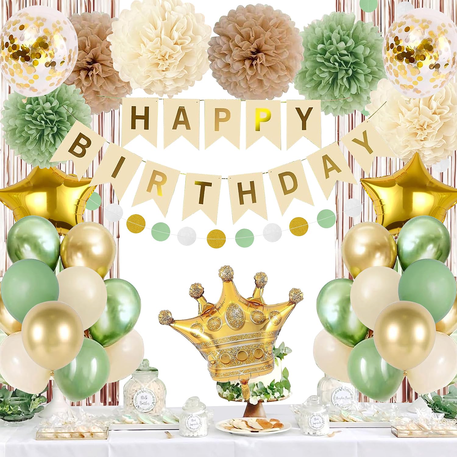 Sage Green Gold Birthday Party Decorations with Happy Birthday Banner,Fringe Curtain ,Paper PomPom,Crown Foil Balloon,Circle Dots Garland,Tassel Garland,Sand White Birthday Balloons for Women Girls