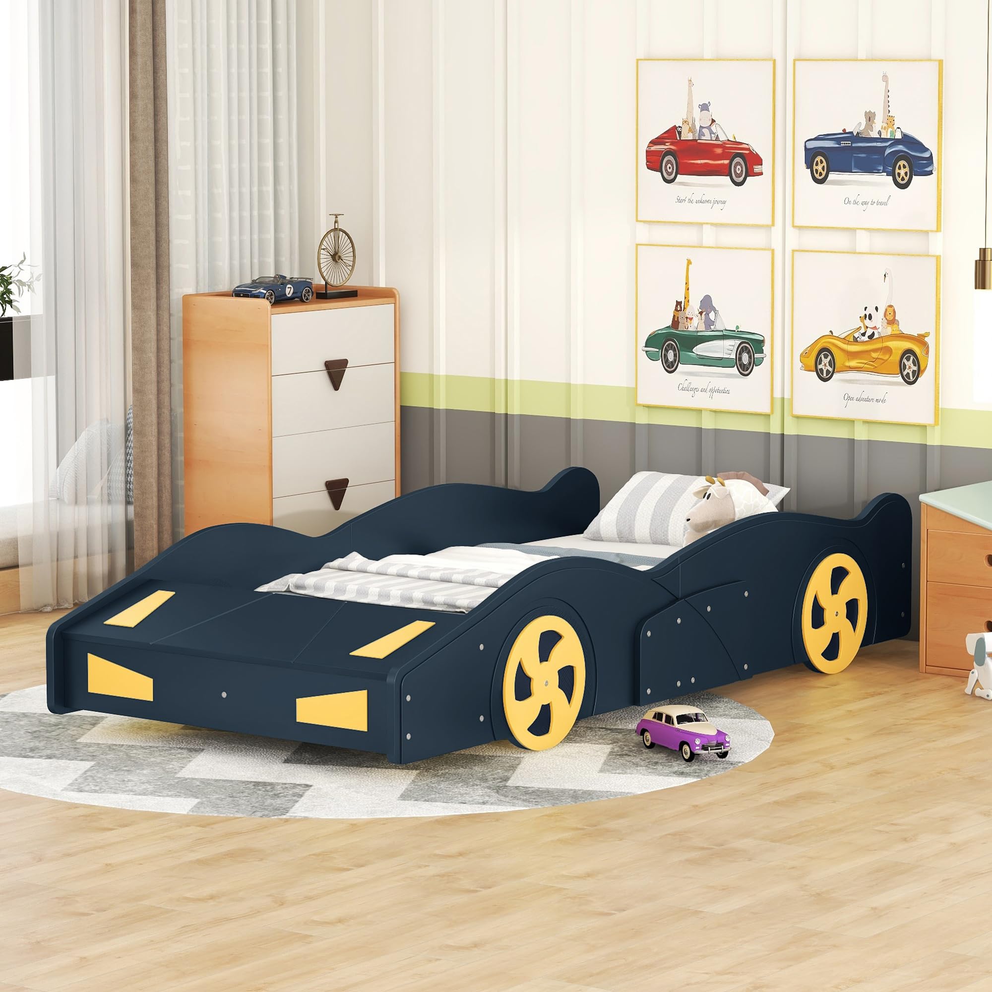 Brisca Twin Size Race Car-Shaped Platform Bed with Wheels,Solid Wood Bed Frame W/Storage,No Box Spring Required,for Bedroom,Apartment,Guest Room,Dark Blue+Yellow