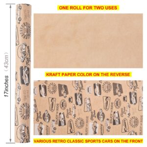 Ulmasinn Kraft Birthday Wrapping Paper Roll - 17 Inches X 33 Feet - for Boys Girls Kids Retro Classic Racing Sports Car Pattern Great for Birthday, Party, Anniversary