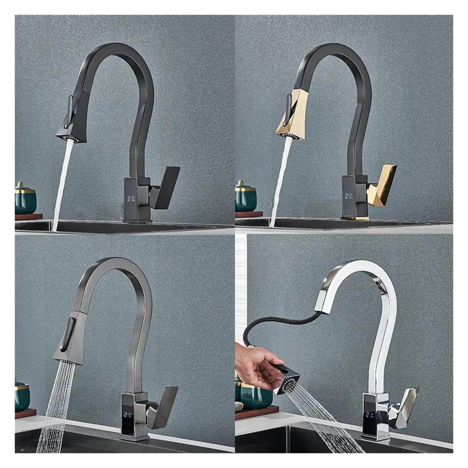 1PCS Pull-Out Kitchen Faucet Digital Temperature Display Sink Faucet Kitchen Mixer Faucet Brass Mixer Faucet Crane 360 ​​Degree Rotation (Color : Chrome)