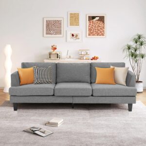 CATMIX 3 Seater Sofa Couch, Mid Century Modern Upholstered Sofa, Comfy Couches with Deep Seats Fabric Surface Square Armrest and Wood Legs for Living Room and Apartment (Grey, 89inch-3 Seats)