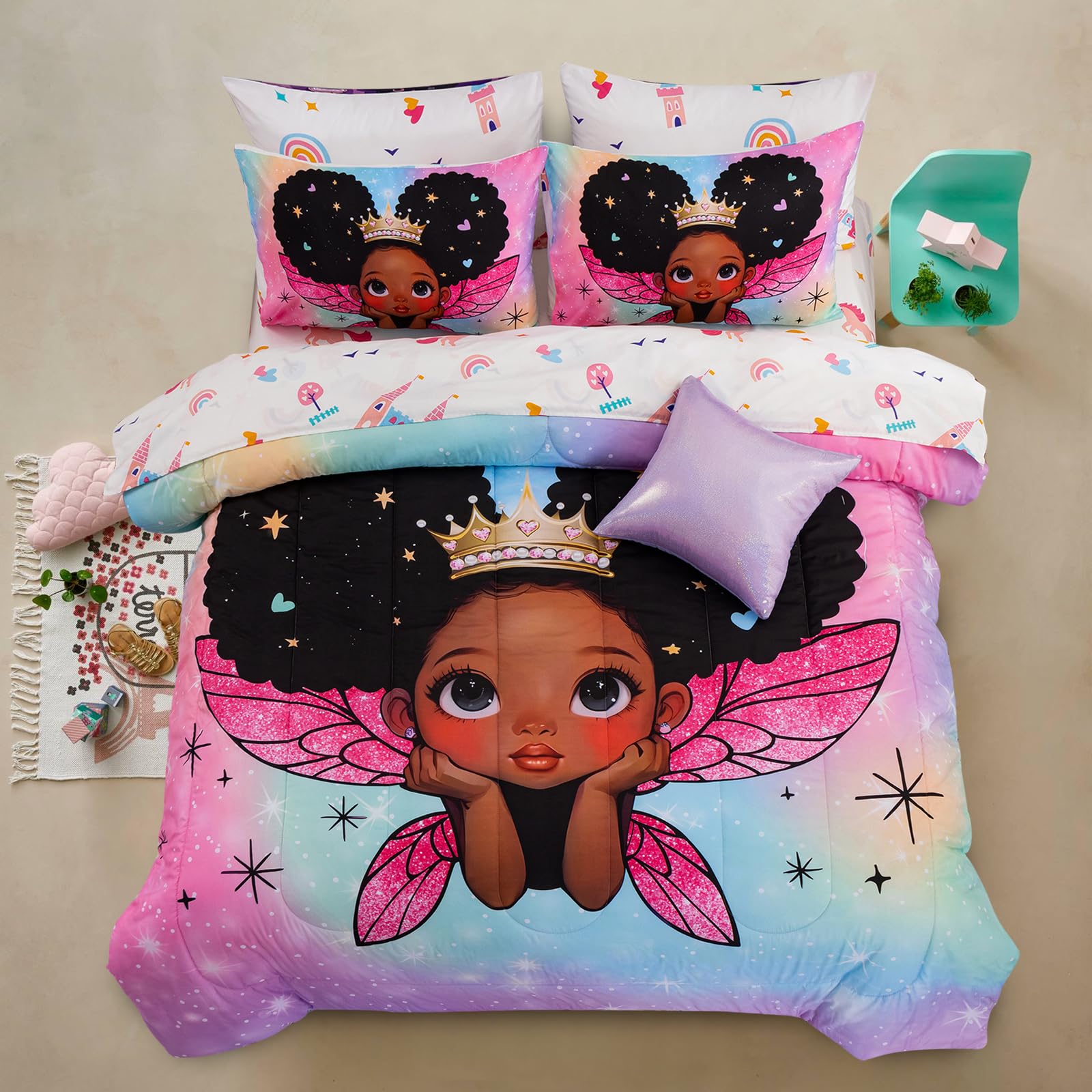 A Nice Night Black Girl Princess with Wings Comforter Set,Pink Gradient Glitter Rainbow Galaxy 6pcs Kids Bedding Set,Twin