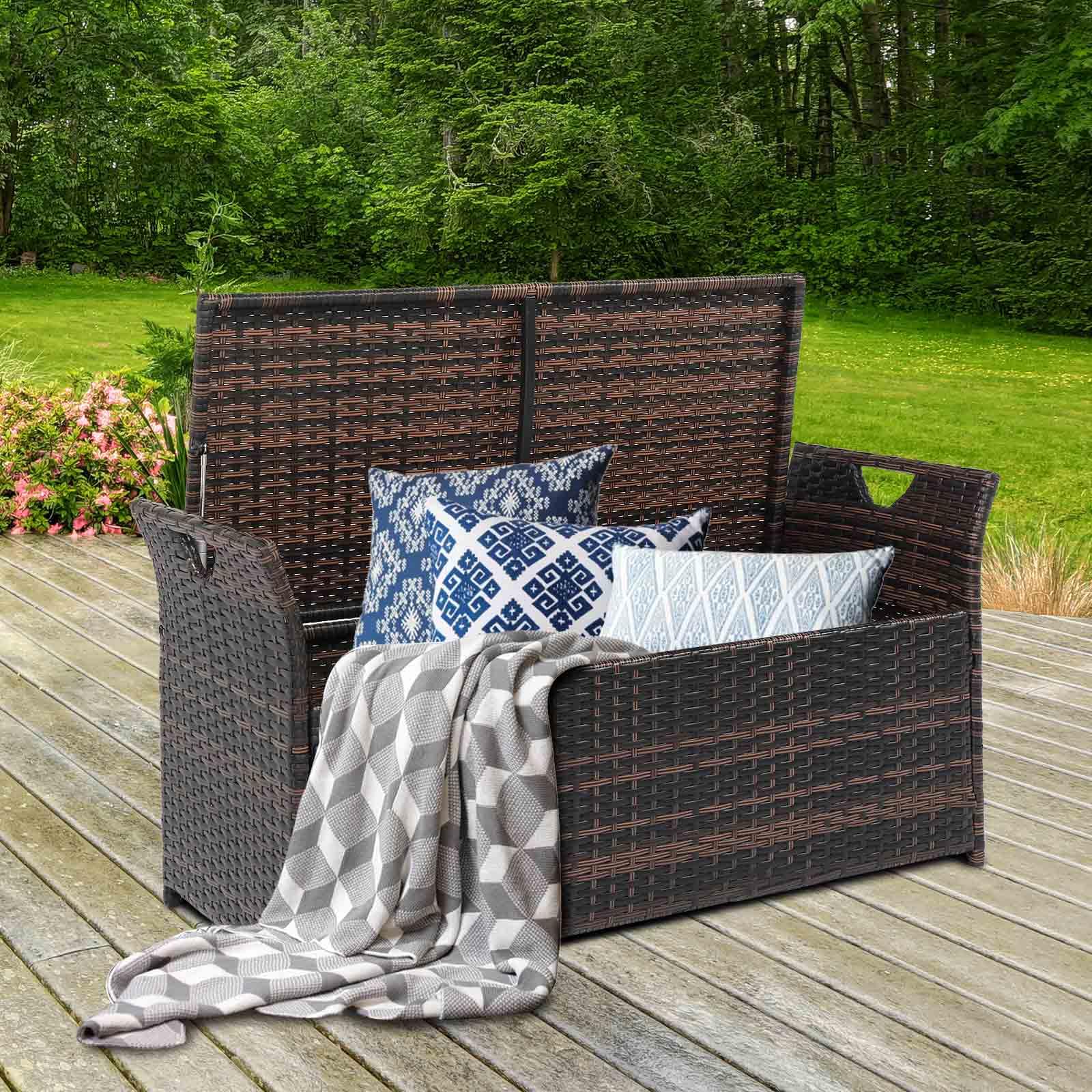 BAYUELSWU 33Gallon Outdoor Wicker Storage Bench with Removable Cushion, Waterproof PE Rattan Deck Box with Handles for Patio Furniture Cushions, Toys and Garden Tools (Brown)