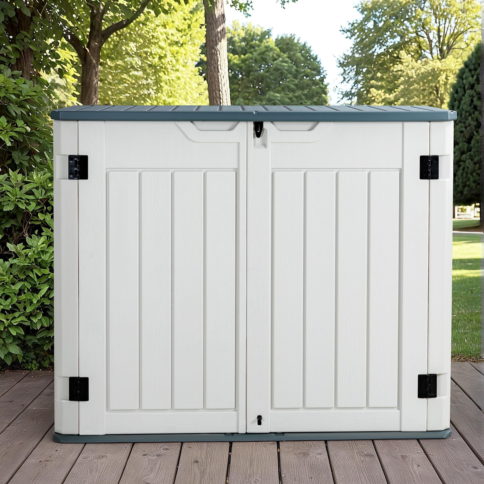 Greesum Outdoor Horizontal Resin Storage Sheds 34 Cu. Ft. Weather Resistant Resin Tool Shed, Extra Large Capacity Weather Resistant Box for Bike, Garbage Cans, Lawnmowe, Without Divider, White