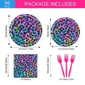 96 Pcs Neon Rainbow Leopard Birthday Tableware Set Girl's Sparkly Paint Splatter Cheetah Party Supplies for 24 Guests Rainbow Leopard Print Pattern Birthday Dinnerware