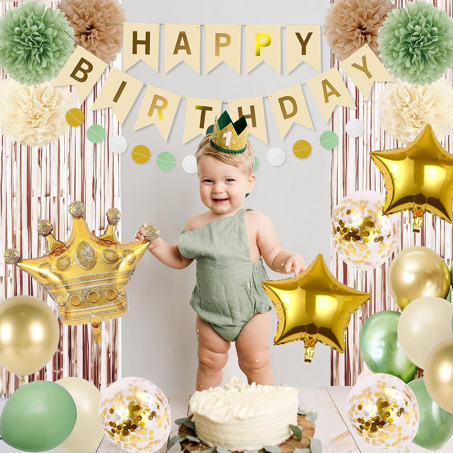 Sage Green Gold Birthday Party Decorations with Happy Birthday Banner,Fringe Curtain ,Paper PomPom,Crown Foil Balloon,Circle Dots Garland,Tassel Garland,Sand White Birthday Balloons for Women Girls