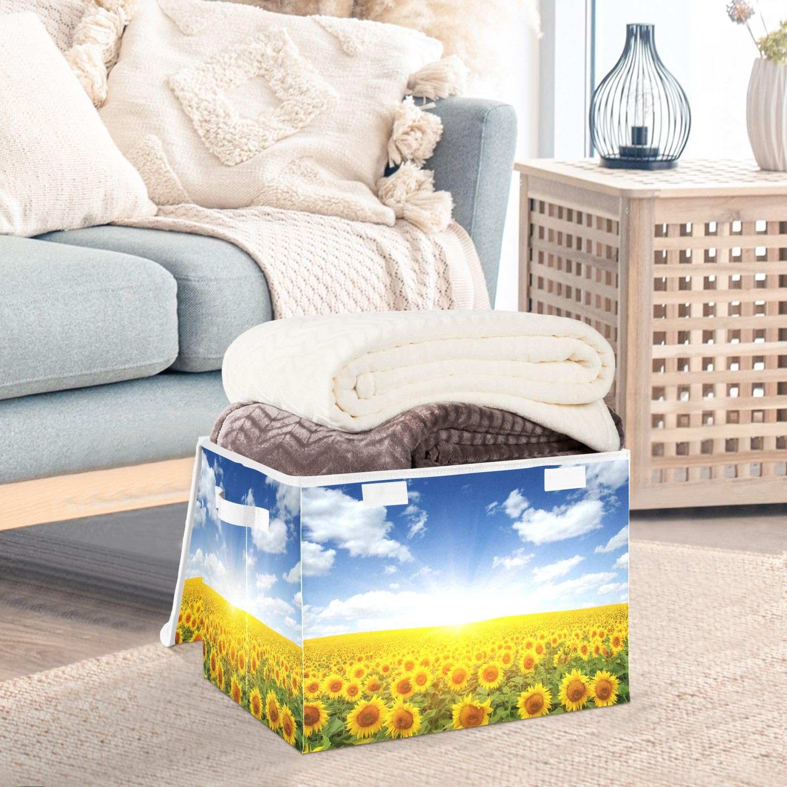 DIGTIA Storage Bins with Lids Meadow Sunflowers Foldable Storage Boxes with Handles Sunrise Blue Sky Large Storage Basket Collapsible Organizer Containers for Closet Home Bedroom Office