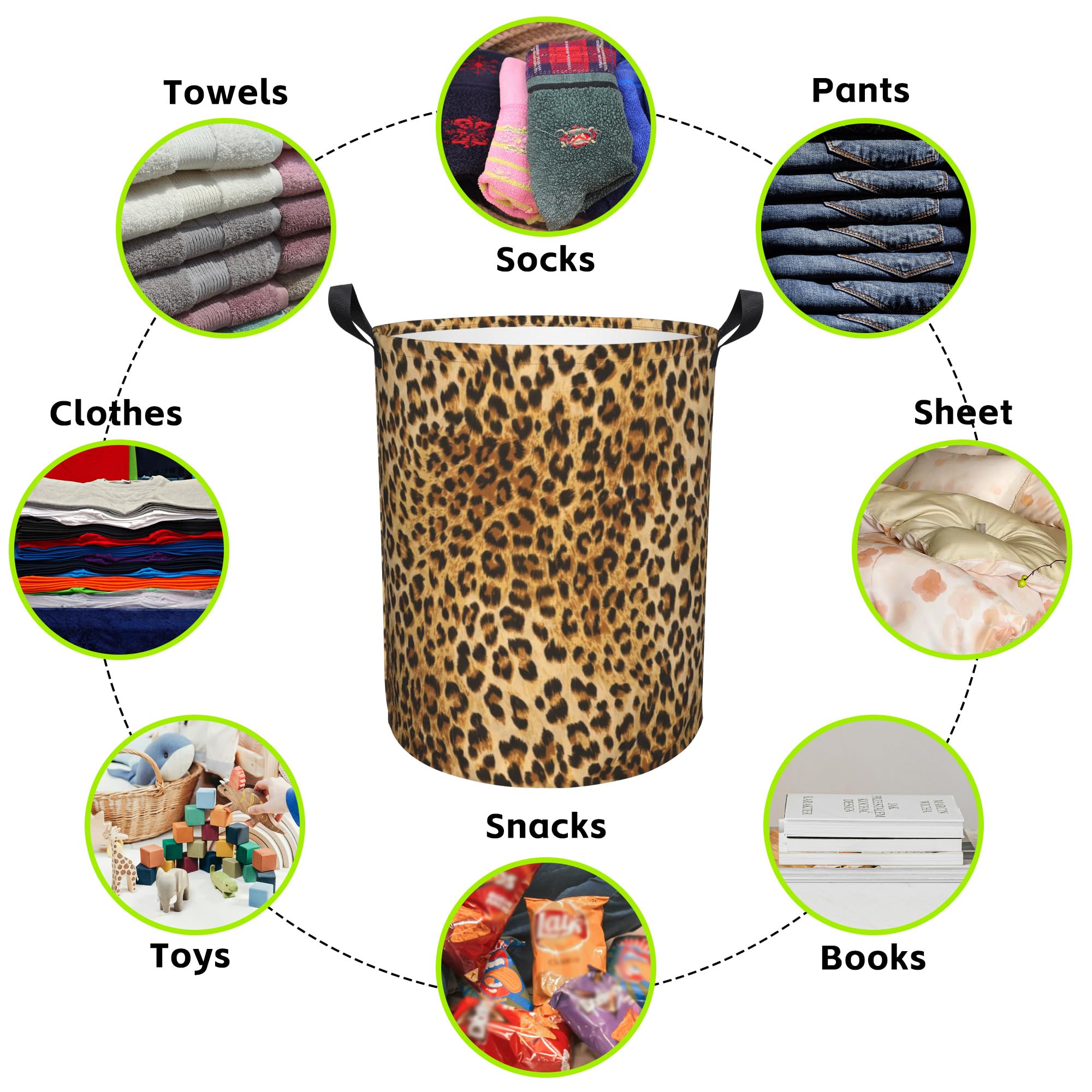 Naqiuli Laundry Basket Leopard Laundry Hamper Large Laundry Basket Storage Basket Tote Bag Collapsible Organizer Basket for Bathroom,Laundry,Bedroom 17.3 x16.5 Inch