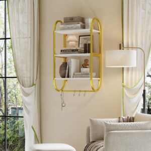 Bestier Floating Shelves for Wall, 3 Tier Wall Shelves for Bathroom with Towel Bar and Hooks, Bathroom Shelves Over Toilet, Modern White