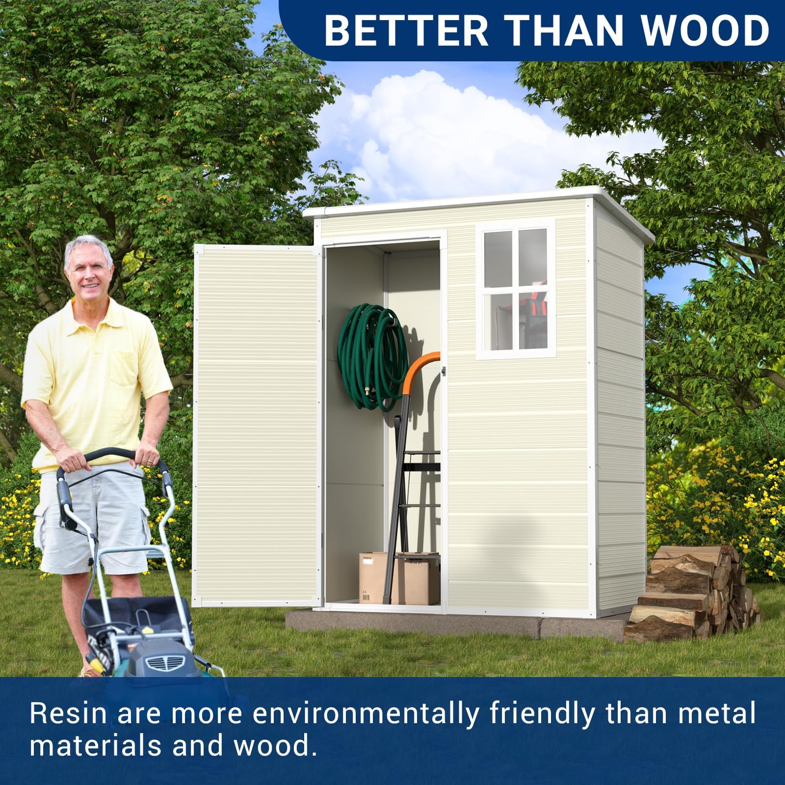 VONZOY Outdoor Storage Shed, 5x3FT Resin Shed with Floor, Lockable Door & Window, Waterproof Tool Sheds & Outdoor Storage for Bike, Garbage Cans,Garden Accessories, Sandstone