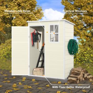 VONZOY Outdoor Storage Shed, 5x3FT Resin Shed with Floor, Lockable Door & Window, Waterproof Tool Sheds & Outdoor Storage for Bike, Garbage Cans,Garden Accessories, Sandstone