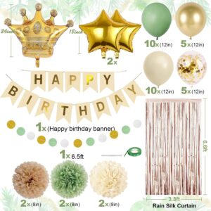 Sage Green Gold Birthday Party Decorations with Happy Birthday Banner,Fringe Curtain ,Paper PomPom,Crown Foil Balloon,Circle Dots Garland,Tassel Garland,Sand White Birthday Balloons for Women Girls