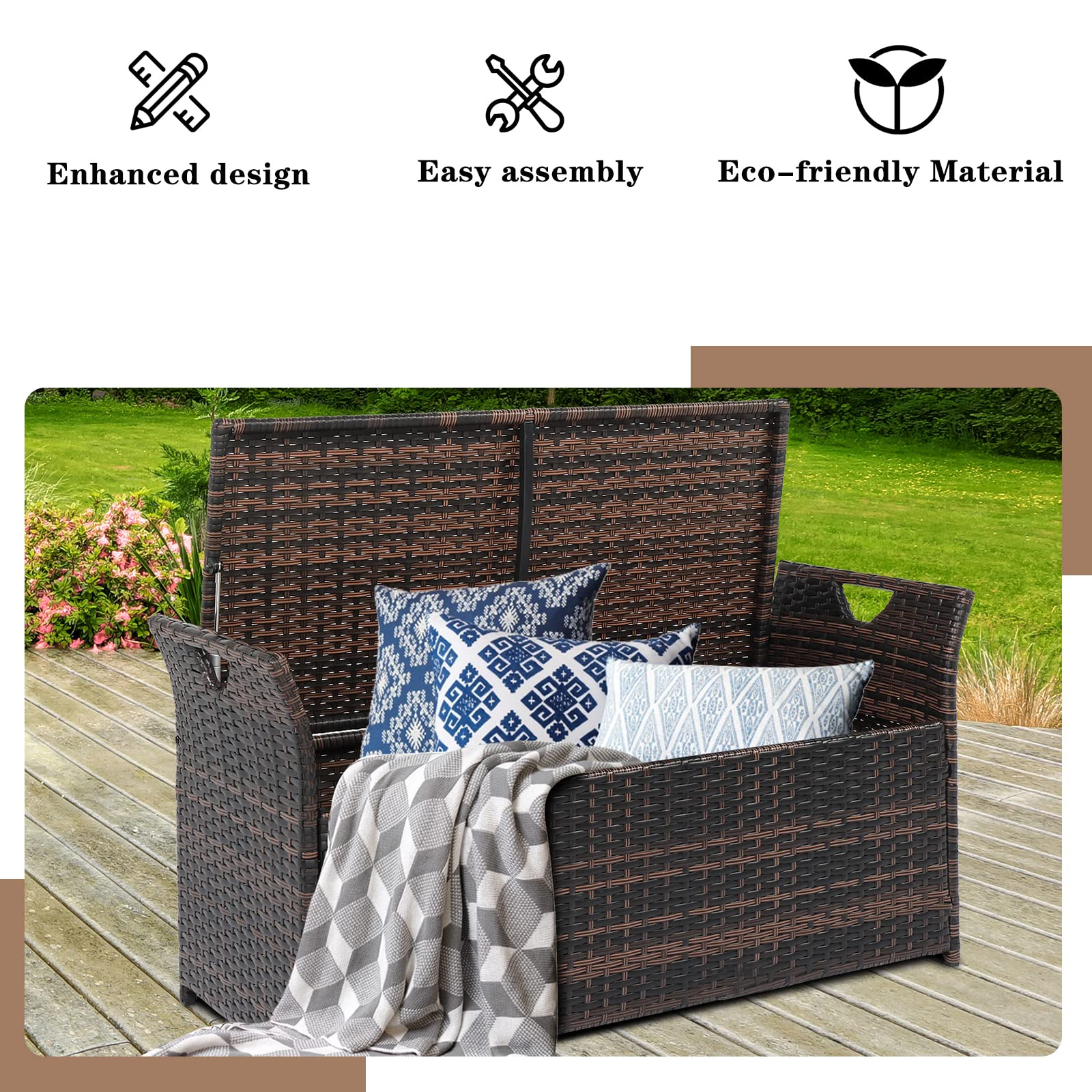 BAYUELSWU 33Gallon Outdoor Wicker Storage Bench with Removable Cushion, Waterproof PE Rattan Deck Box with Handles for Patio Furniture Cushions, Toys and Garden Tools (Brown)