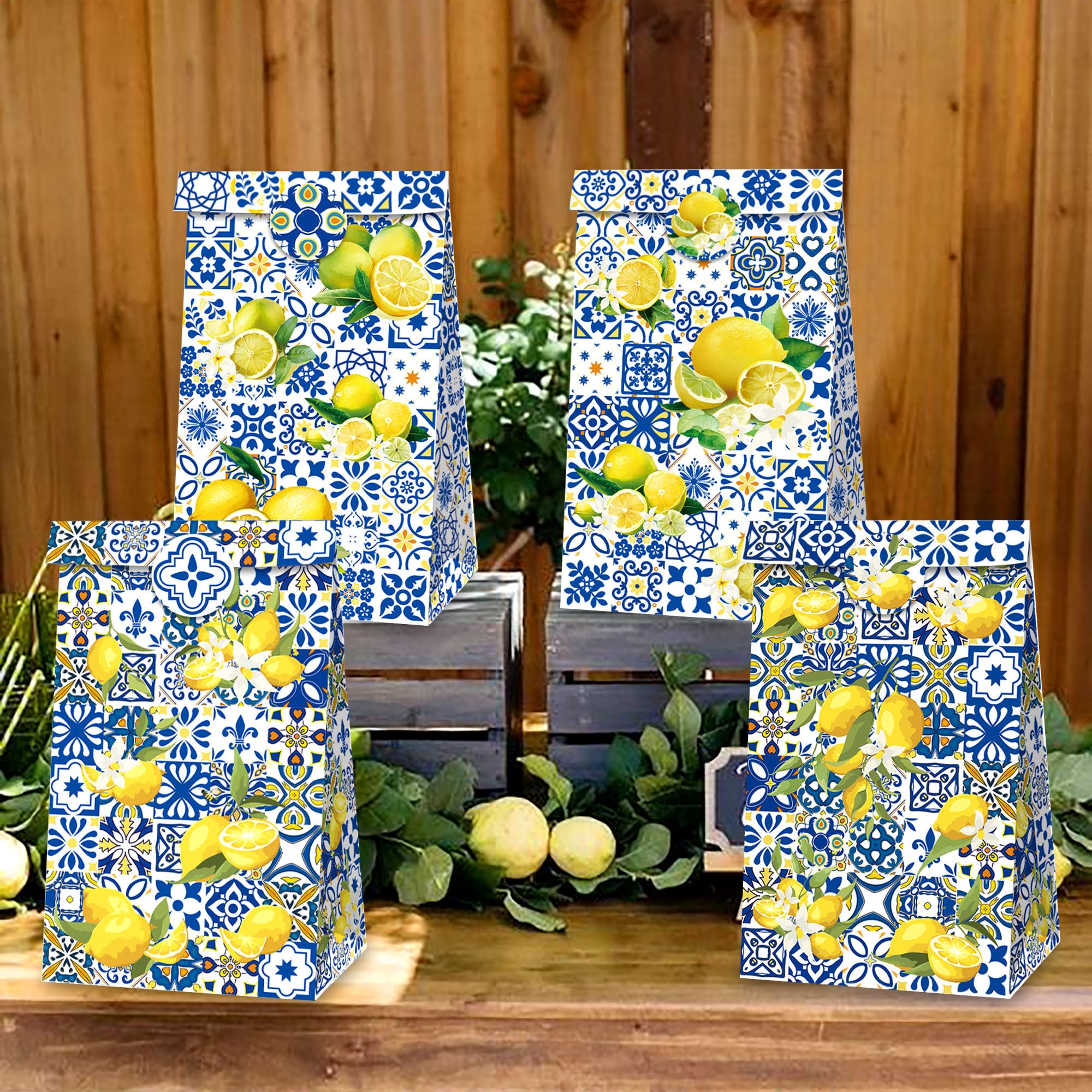 JeVenis 12 PCS Capri Lemon Party Favor Bags Capri Lemon Party Decorations Blue Tiles and Lemon Party Supplies for Capri Lemon Birthday Wedding Bridal Shower