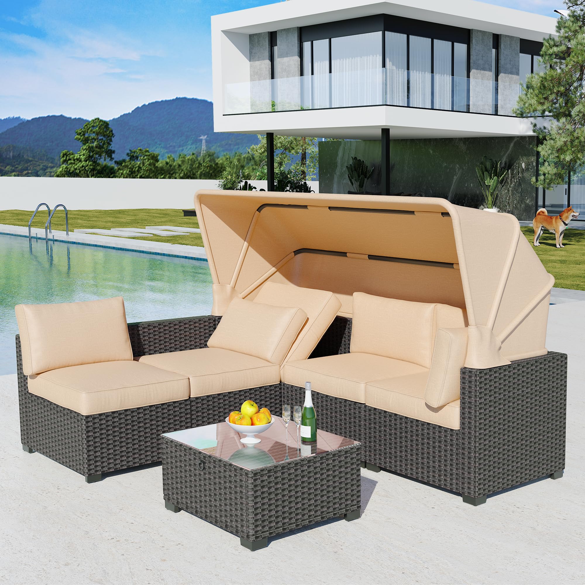 IDEALHOUSE Outdoor Daybed with Canopy,6 Pieces Patio Furniture Sets Adjustable Backrest PE Gradient Wicker Sectional Furniture Set with Tempered Glass Side Table