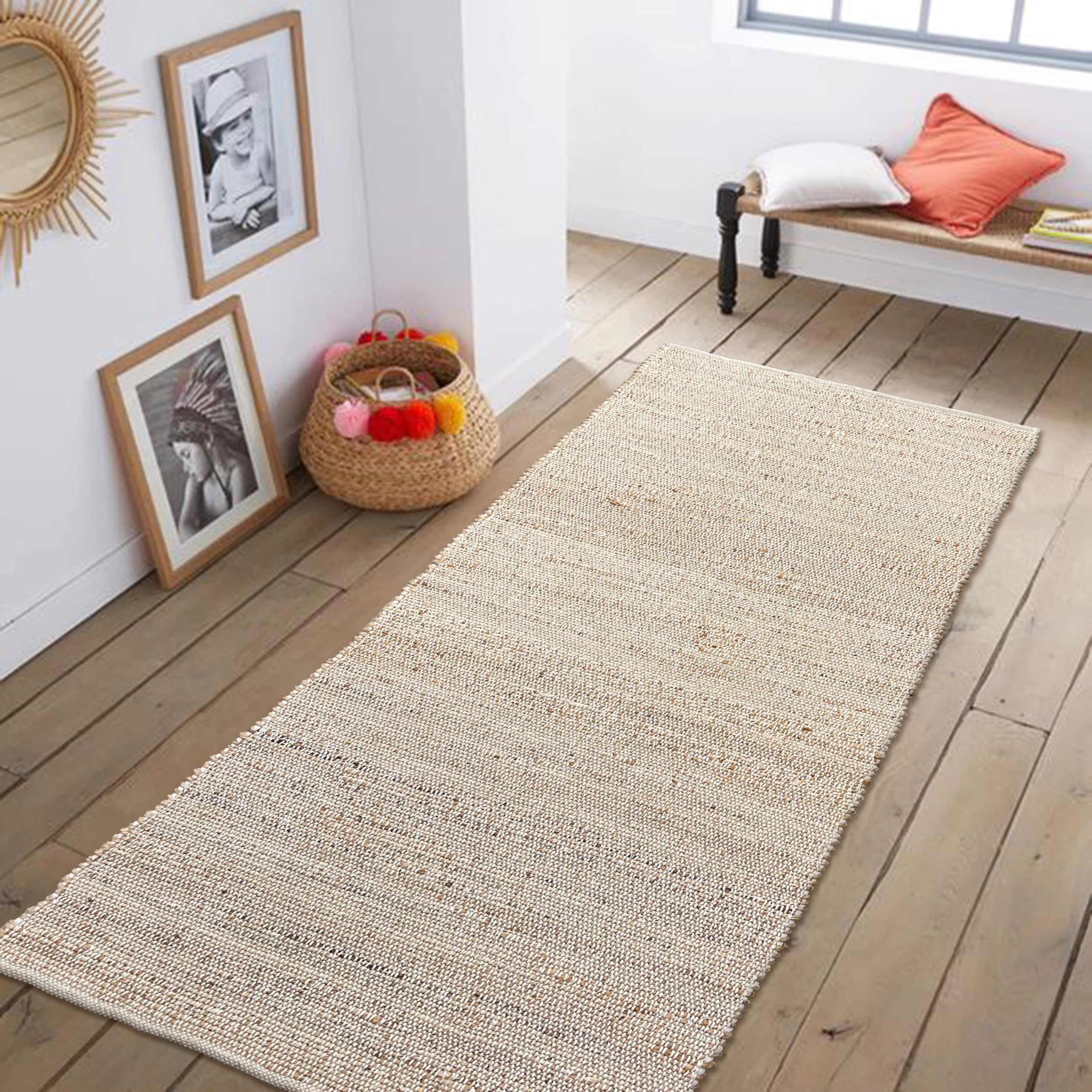 Chardin home Jute Rugs Collection- 2x5 Feet Jute Braids Rug, Boho, Rustic, Natural Jute/Ivory, Hand Woven Long Runner Rug for Bedroom, Living Room, Kitchen and entryways