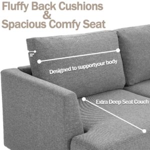 CATMIX 3 Seater Sofa Couch, Mid Century Modern Upholstered Sofa, Comfy Couches with Deep Seats Fabric Surface Square Armrest and Wood Legs for Living Room and Apartment (Grey, 89inch-3 Seats)