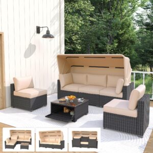 IDEALHOUSE Outdoor Daybed with Canopy,6 Pieces Patio Furniture Sets Adjustable Backrest PE Gradient Wicker Sectional Furniture Set with Tempered Glass Side Table