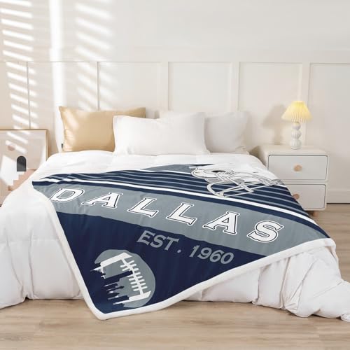 Erosebridal American Football Fleece Blanket, Fuzzy Blanket Throw Size, Sports Plush Bed Blanket, White Navy Blue Striped Throw Blanket for Men Husband Boyfriend Teenage Boys (Dallas)