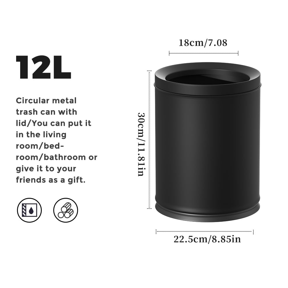 LEASYLIFE 12L/3.1GAL Black Modern Bathroom Trash Can,Small Metal Garbage Can for Bathroom, Bedroom,Children's Room, Powder Room,Hotel,Bank (12L-Black)