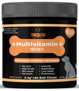 paws&fun – dogs supplement multivitamin + glucosamine for hip & joint + probiotics for digestion + omega 3 salmond oil for skin and coat; 10 in 1 chews (peanut butter 120ct)